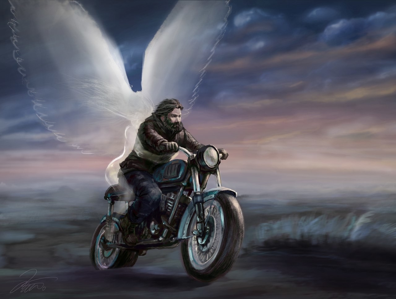 Музыка беспечный. Ария Беспечный ангел. Мотоциклист ангел. Картина мотоцикл. Байкер с крыльями.