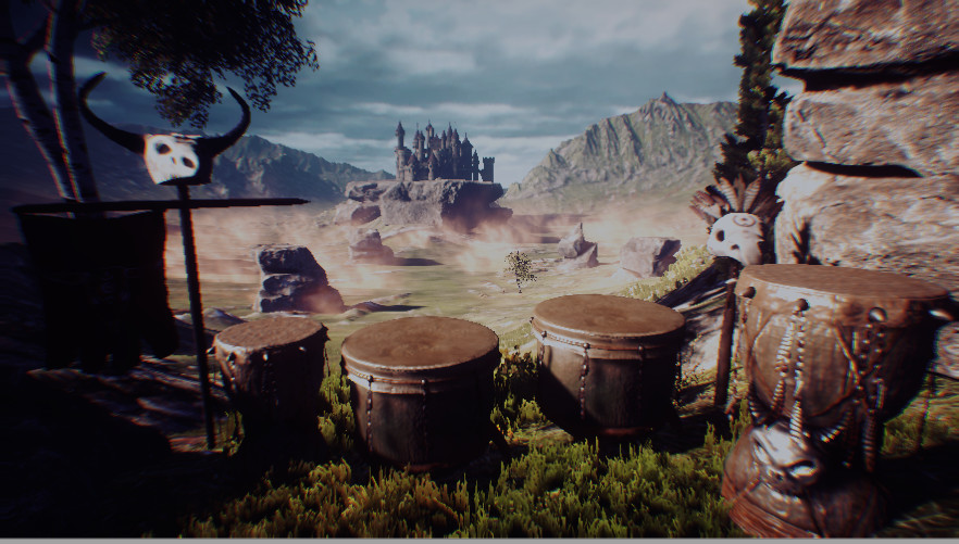 drum models, rocks, folliage, and fog