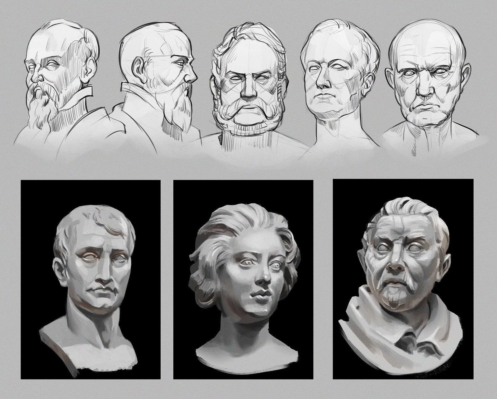 Sketching and painting busts. Actually removing all the colour information helped me focus on getting the planes looking right and making the shapes work together well.
