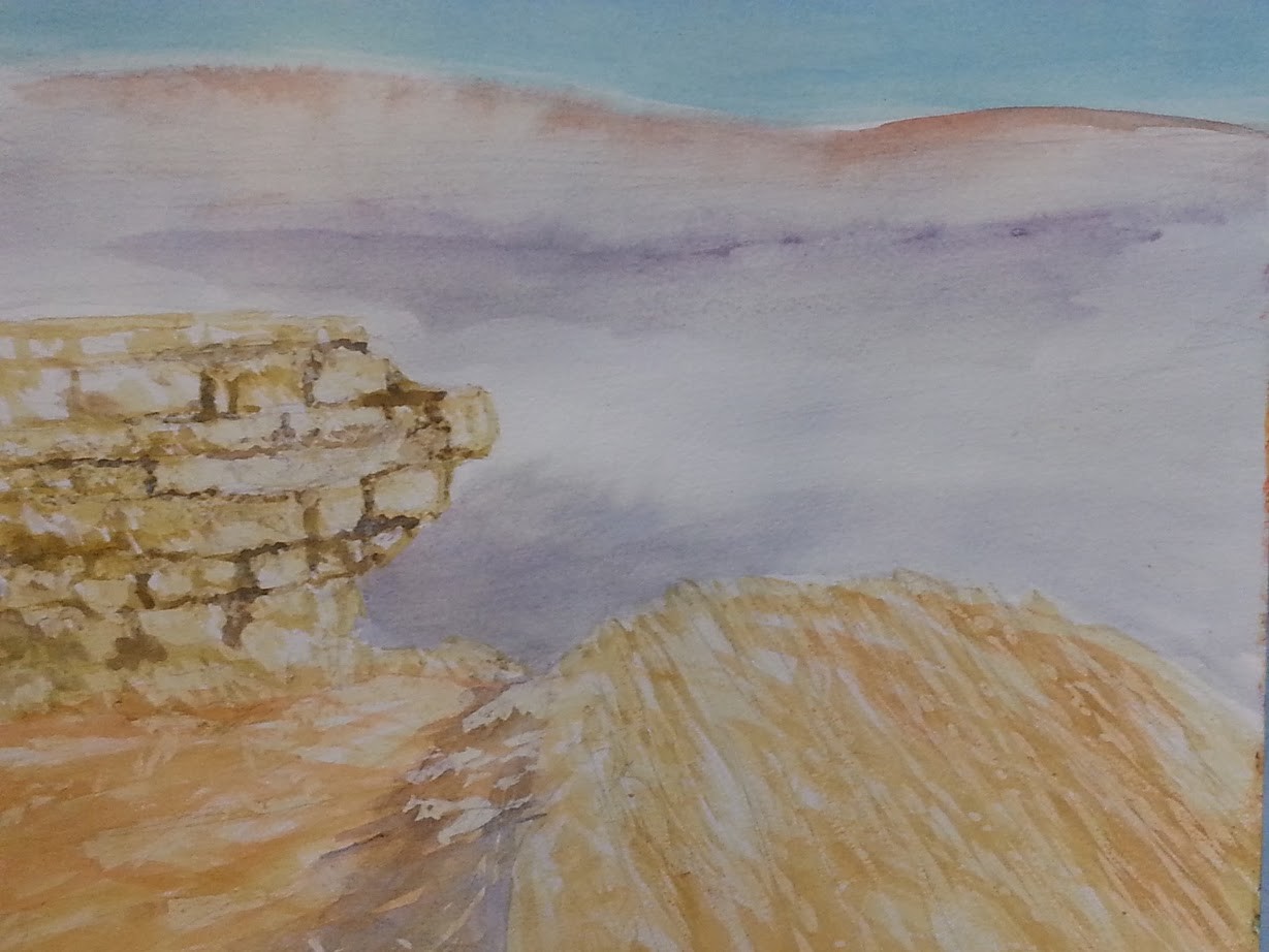 Next, I start developing foreground shadows by mixing cobalt blue and red. I also start creating the distant landscape and sky.