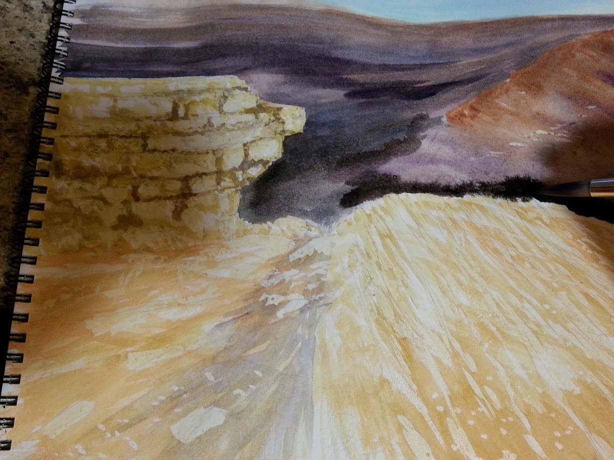Using some ivory black, I start to define the contrasting ledge overlooking the valley. I also start to paint in the distant mountain ridge.