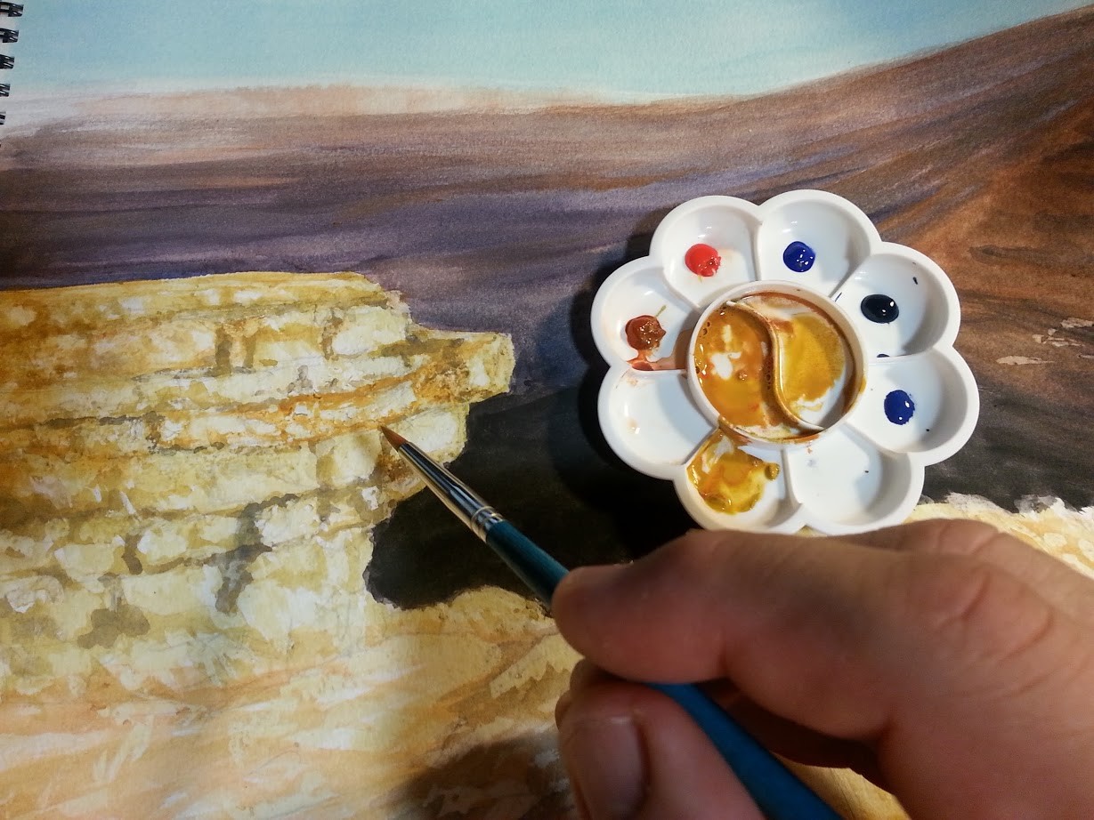 Next using various mixtures of yellow tones, I start to detail the rock face on the rock wall.