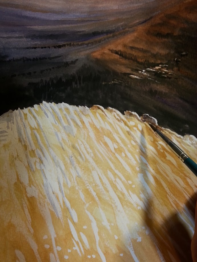 Now, I start defining shadows on the raised ridges of the sharp raised rocks. The sunlight is coming in from the right.