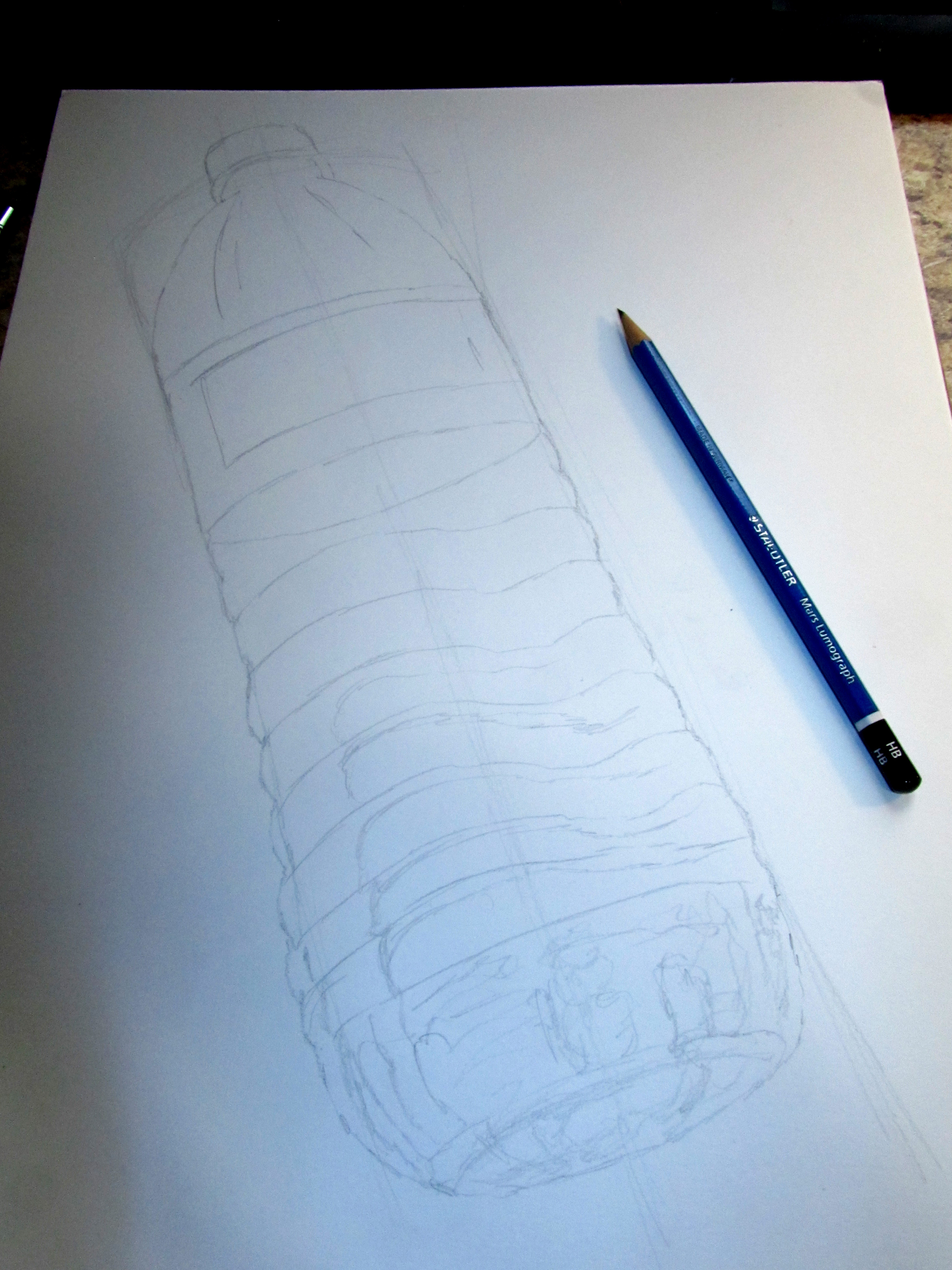 Started this still life of a water bottle with a basic cylinder shape and then refined the details