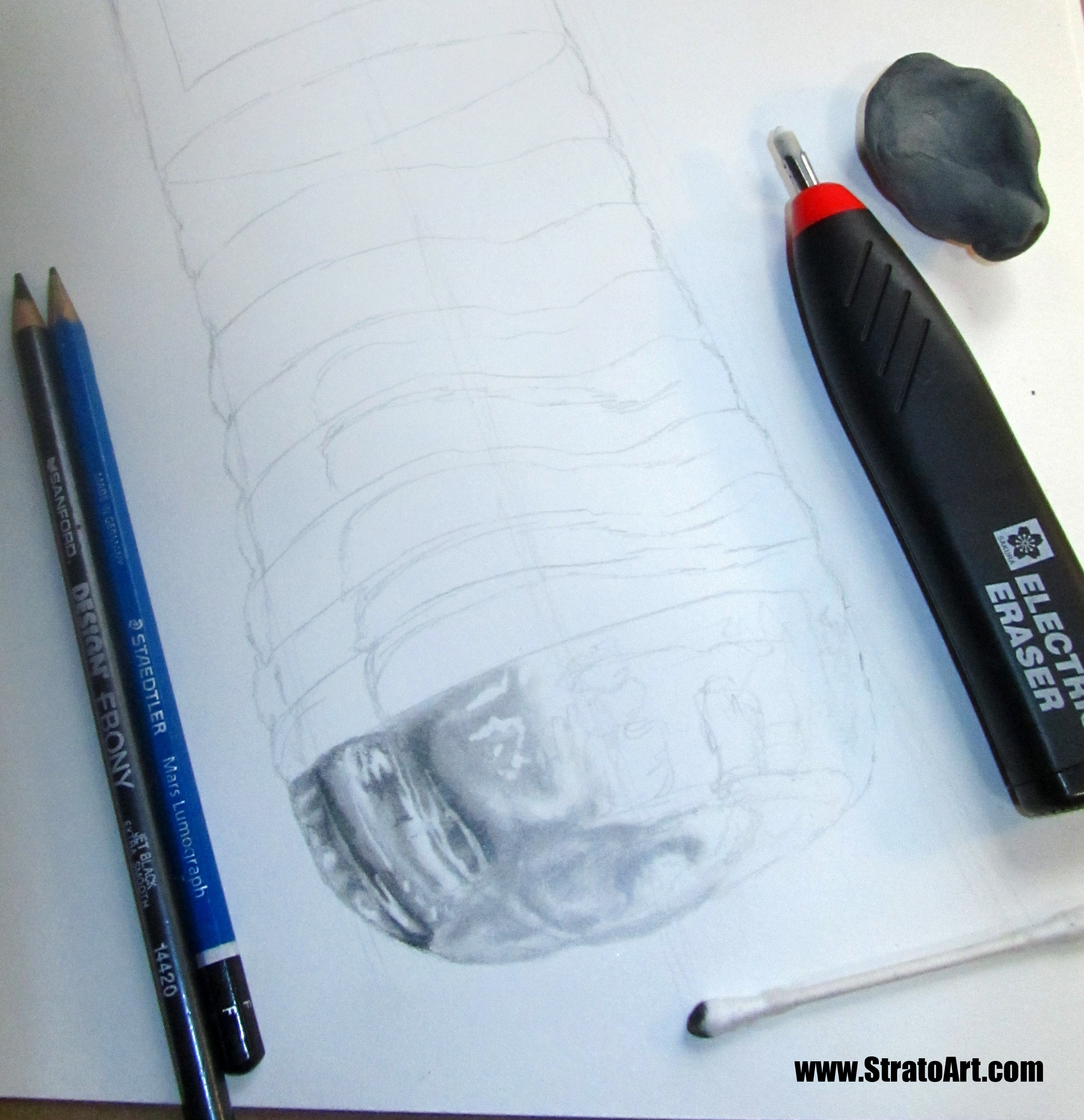 I used mostly Staedtler pencils and one Sanford Ebony for rich blacks. Also, I use my handy dandy Sakura Electric eraser as well as a kneaded eraser to pull out some of the whites. I also use a cotton swab to get smooth gradients.