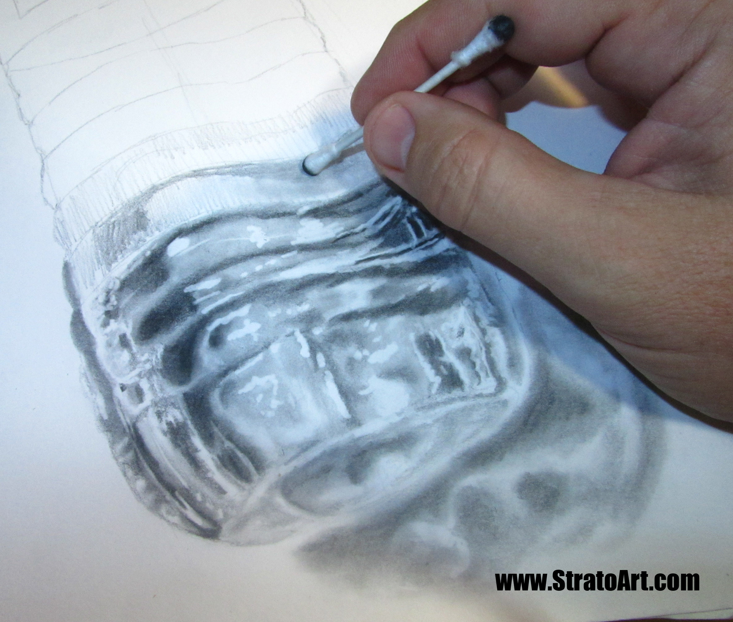 Blending in the pencil work that I produced in the previous step. Here, I'm using a cotton swab (because I ran out of my blending stumps, oops) - but I also use an artist chamois or blending stumps or tortillions...whatever works to blend with.