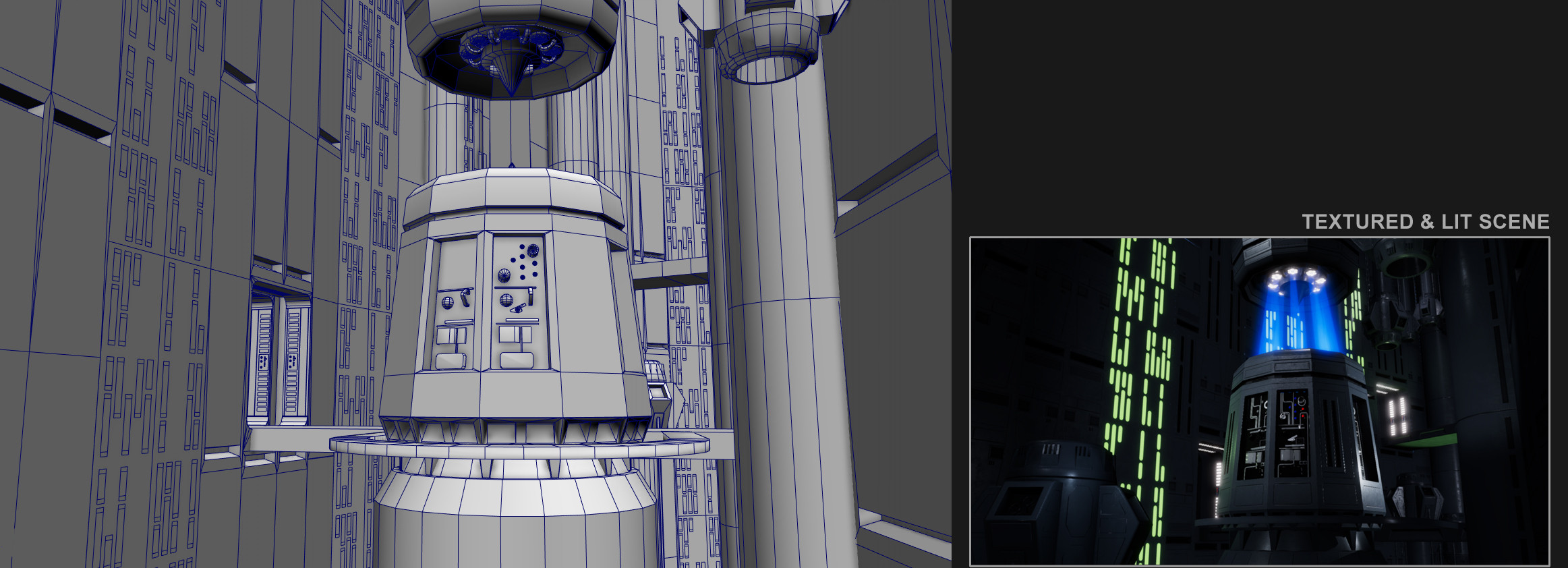 Wireframe on the left, Unity screenshot of the textured and lit geometry on the right.