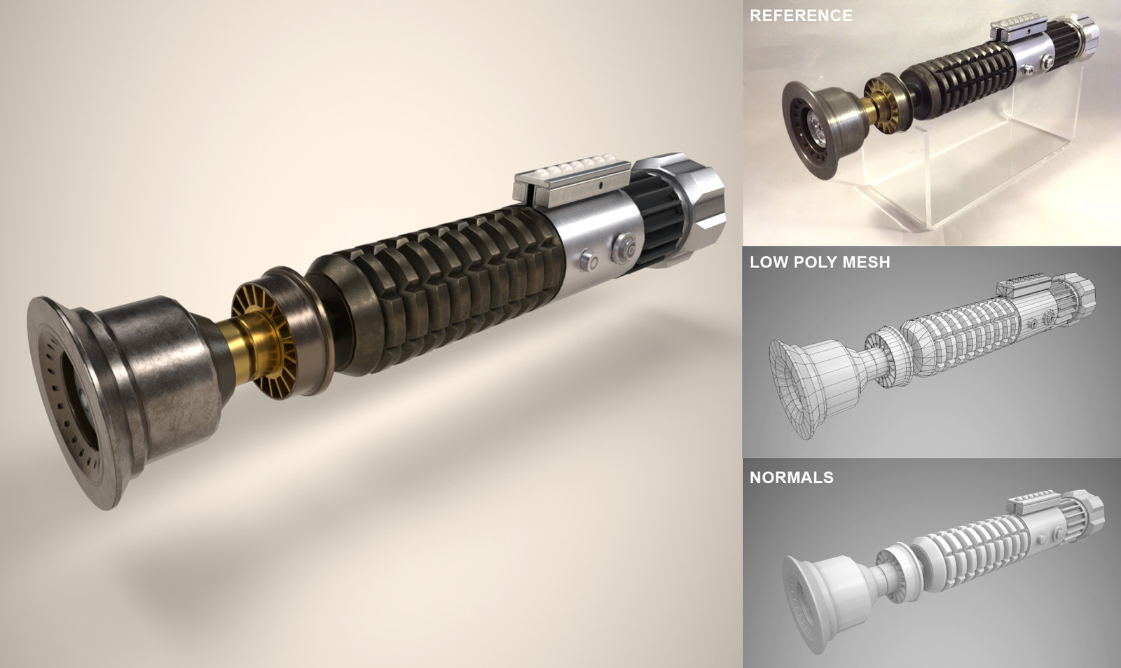 Substance Painter Render on the left. Photograph of the movie lightsaber prop on the top right for reference.