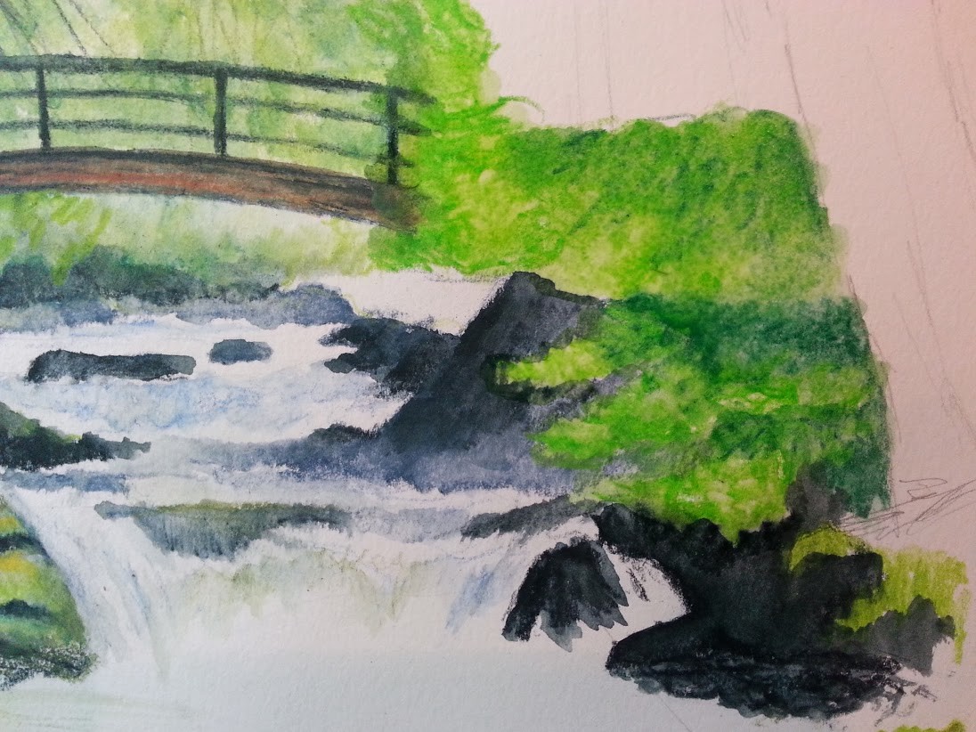 Then, after using a wet, clean brush, I start blending in those leaves on the right side.