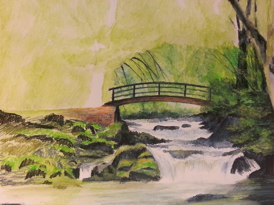 I used a larger wet filbert brush to blend the green scrumbling. I've already started producing the dark branches as tests to see how fine I could get with the watercolor pencils