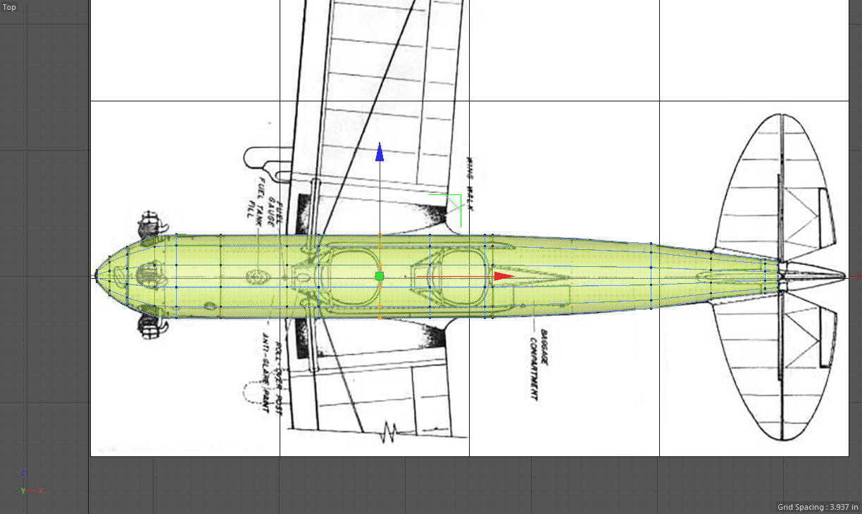 Starting to shape the fuselage with the top view. I later work in symmetry.