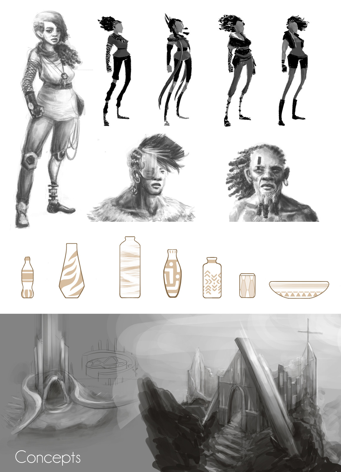 Concept arts for the main character, a female shaman who has survived the apocalypse but lost her arm, and another shaman and tribal people.
Some researches for the environment, universe and mood as well.