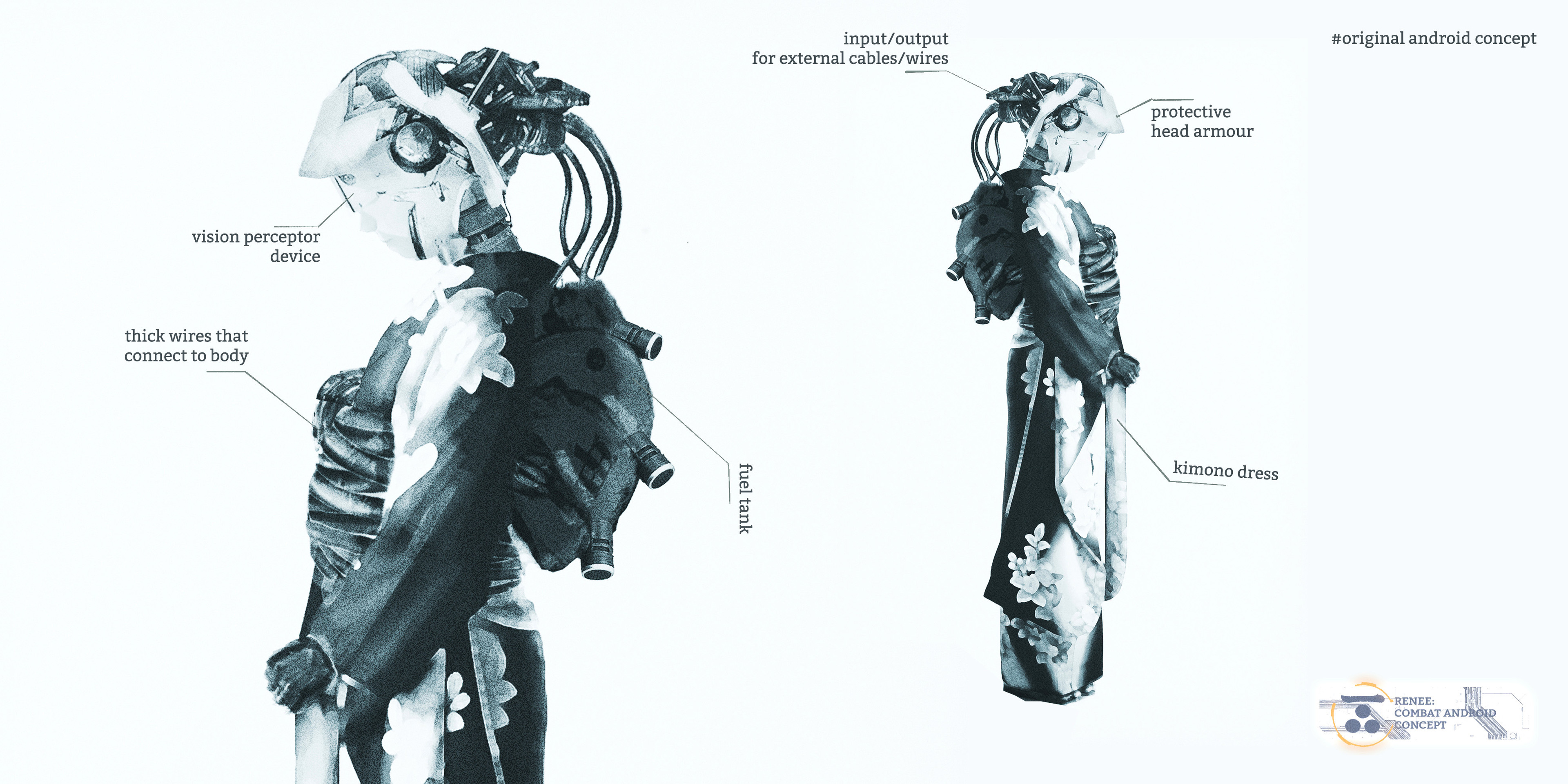 Original android concept 2. I applied mech elements and decided to have her wear a kimono to show her personality