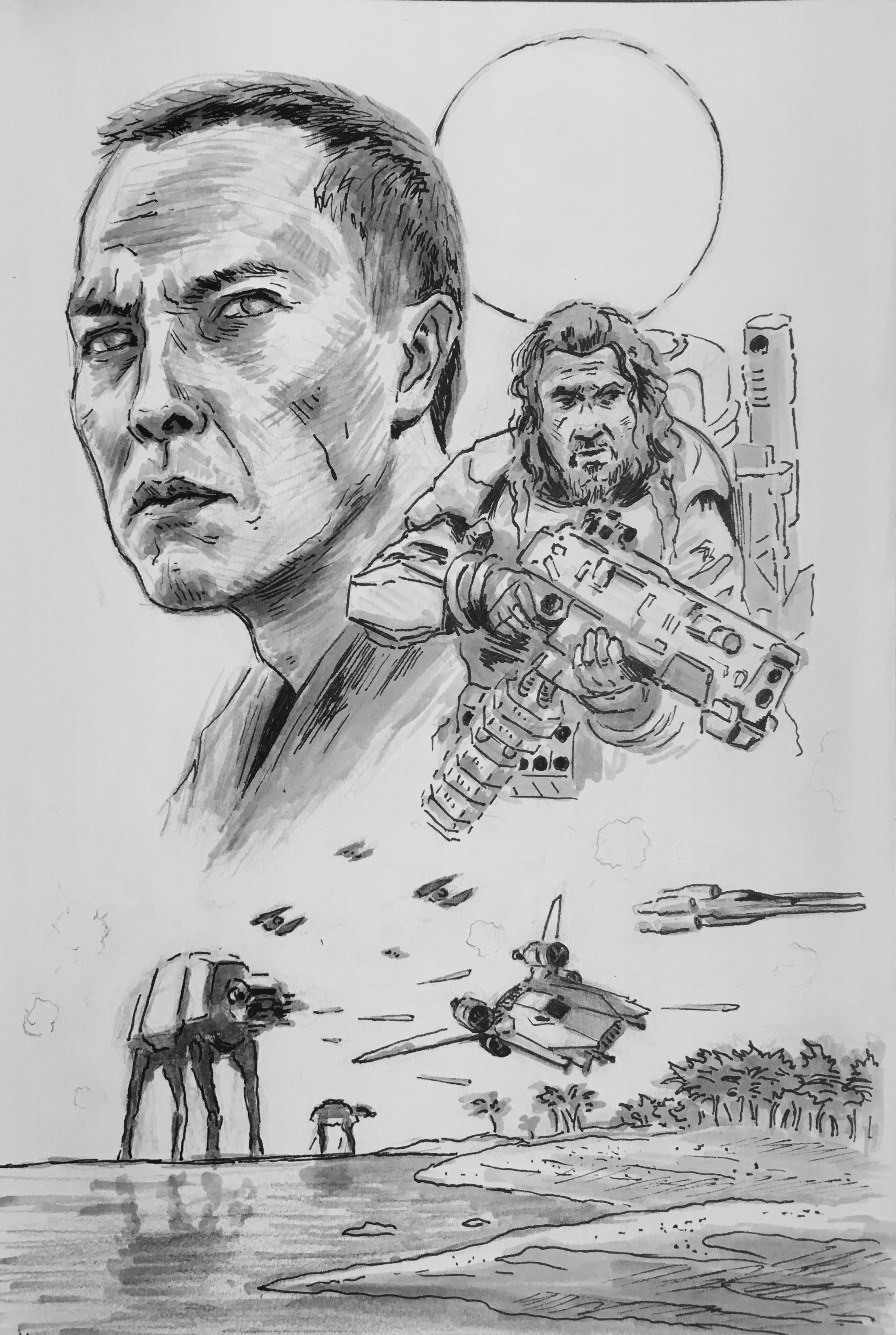 Chirrut, Baze, and the battle of Scarif. Prismacolor markers and ink. Convention commission.