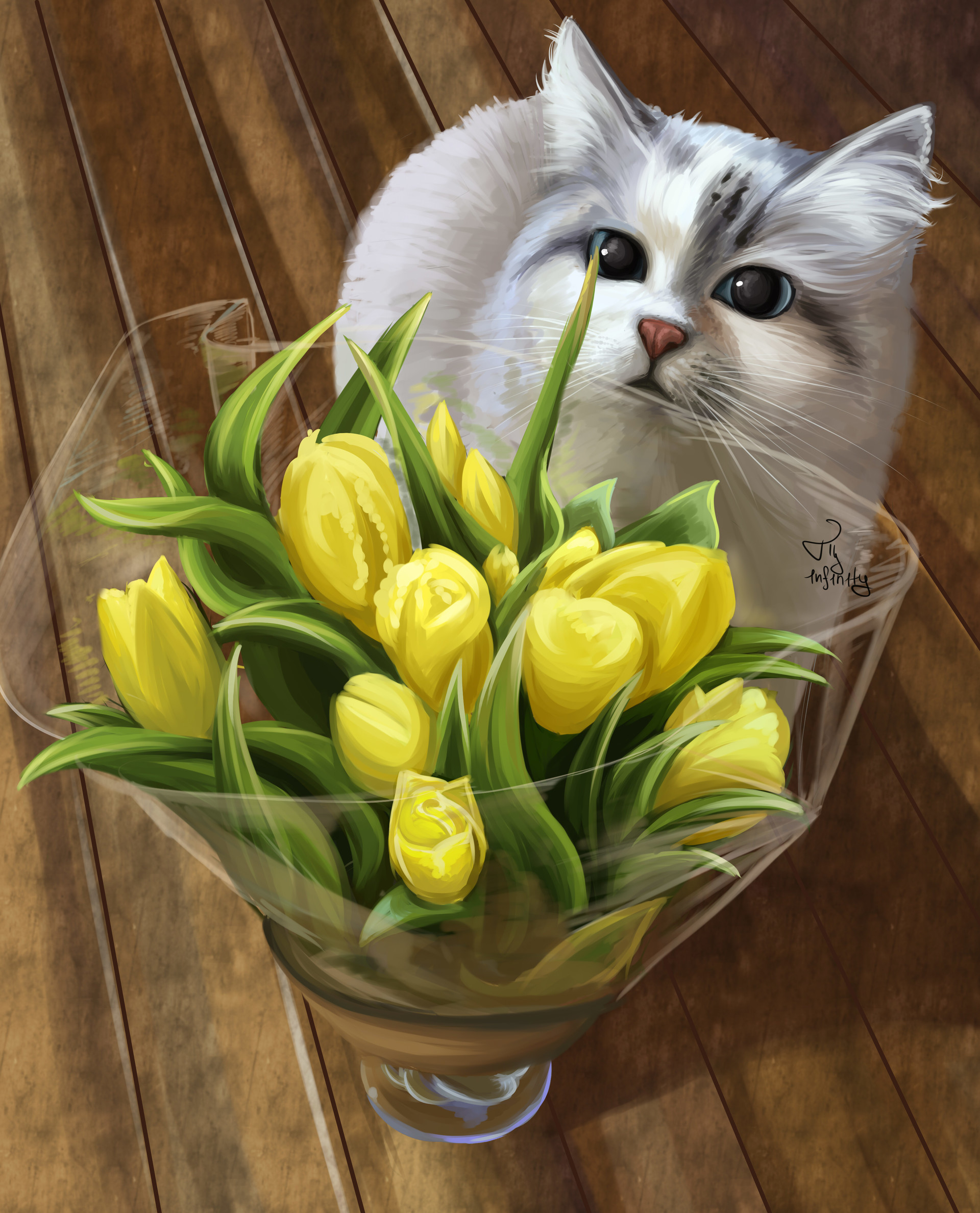 ArtStation Cat with yellow tulips