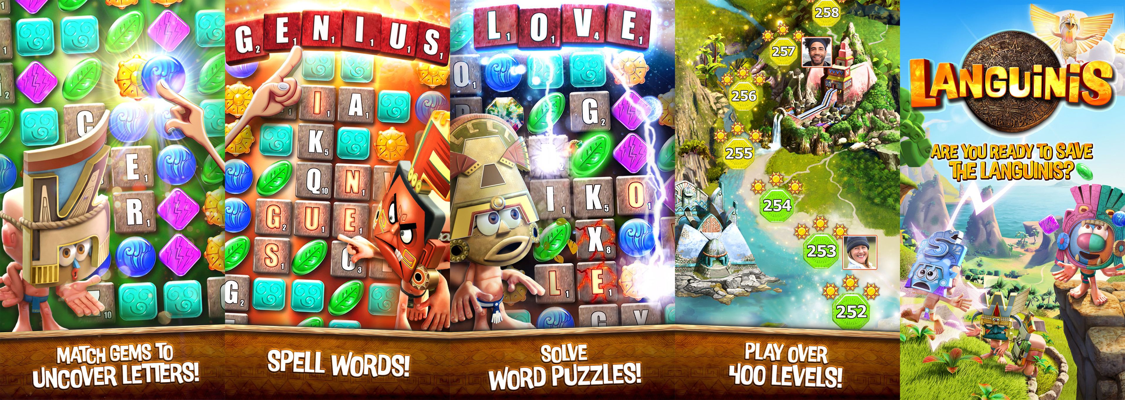 App store screenshots for Languinis.
Looking for a new banner for the text, and re-using and enhancing in-game assets and key-art.
