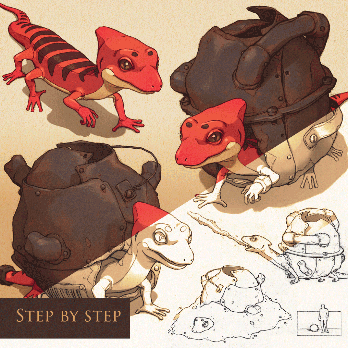 Design process of Hermit Gecko concept art.