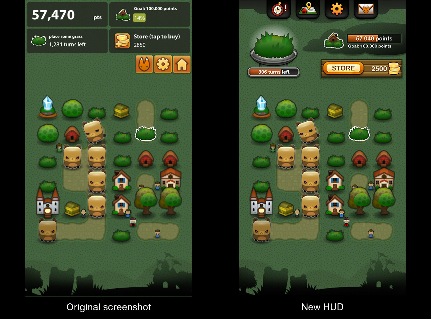 On the left, a screenshot from the mobile game Triple Town.
On the right, the same screenshot with my UI/UX rework of the HUD.