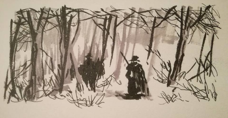 Deep snow, even between the trees.