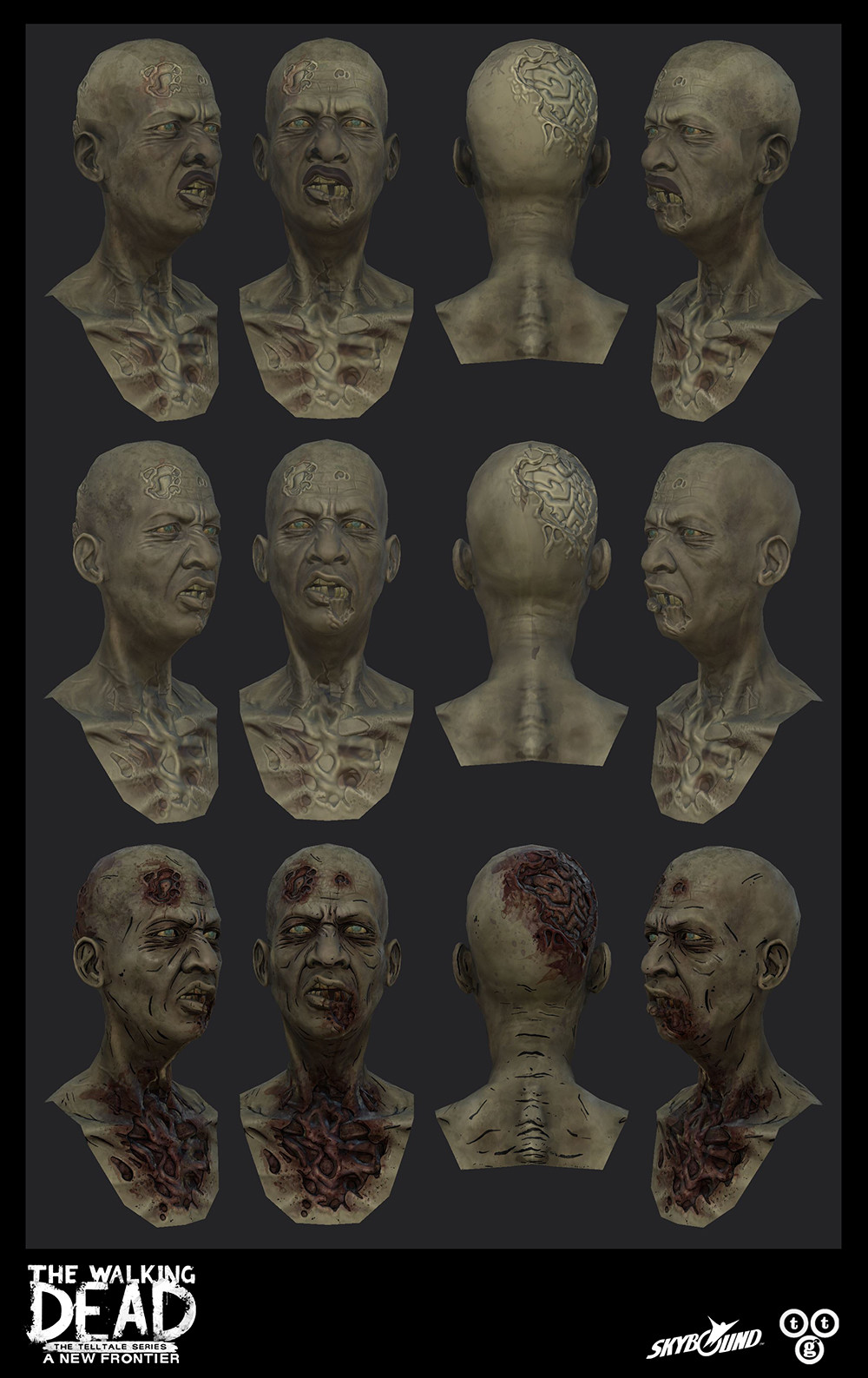 Zombie head I textured for The Walking Dead: A New Frontier. Top: baked over diffuse from an existing head. Middle: cleaned up diffuse to make a generic base: Bottom: full textures.