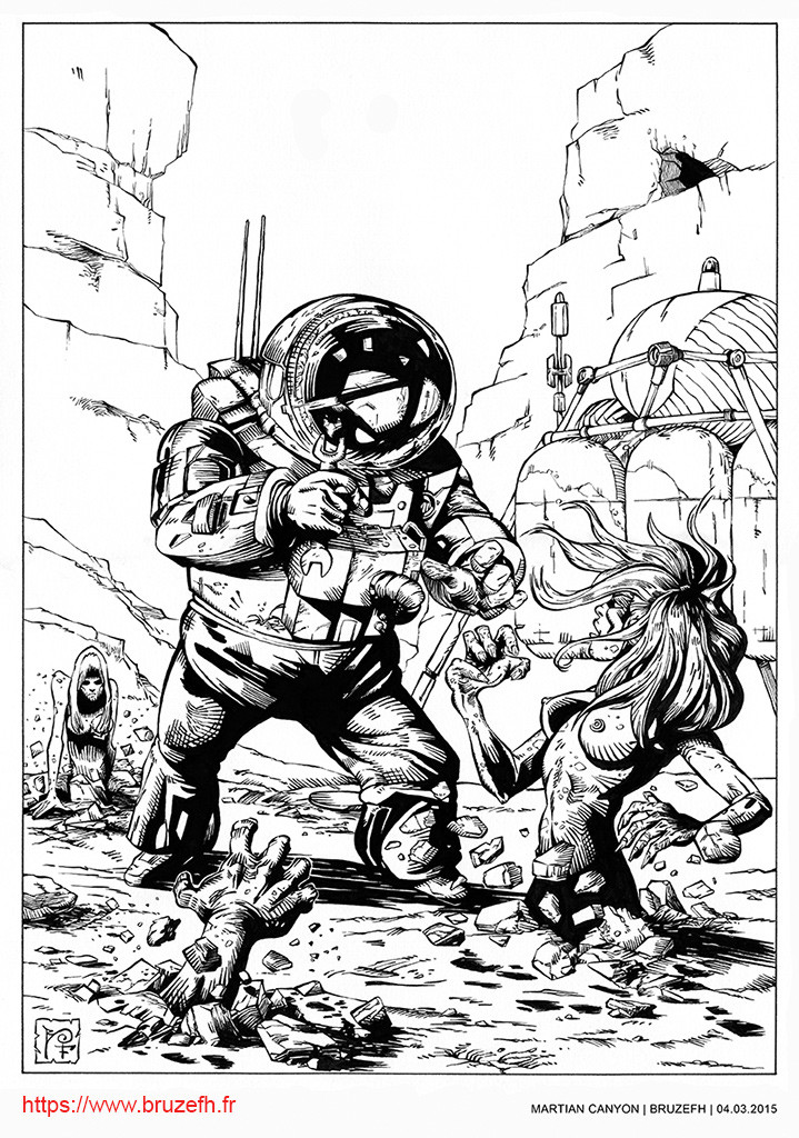 Martian Canyon - final step : traditional inking on paper with brush #2 (scan)