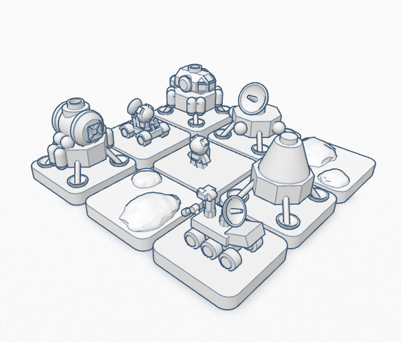 Moon/Mars landing game pieces, including rovers, probes, and astronauts.