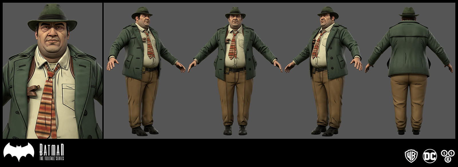 I did the textures for Bullock's clothes and hair for Batman The Telltale Series: The Enemy Within. I was given the detail line maps plus the diffuse for the head and hands and only made slight changes to those.