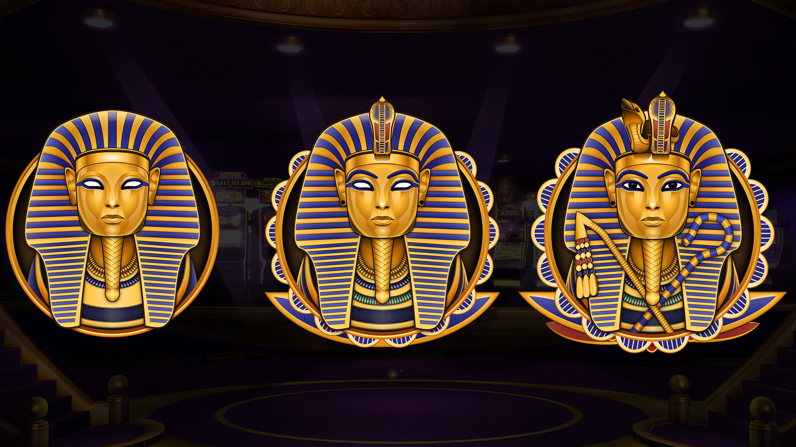 Pharaohs badge with its two upgrades designed entirely by myself with Illustrator, using mostly gradients and shadow effects.