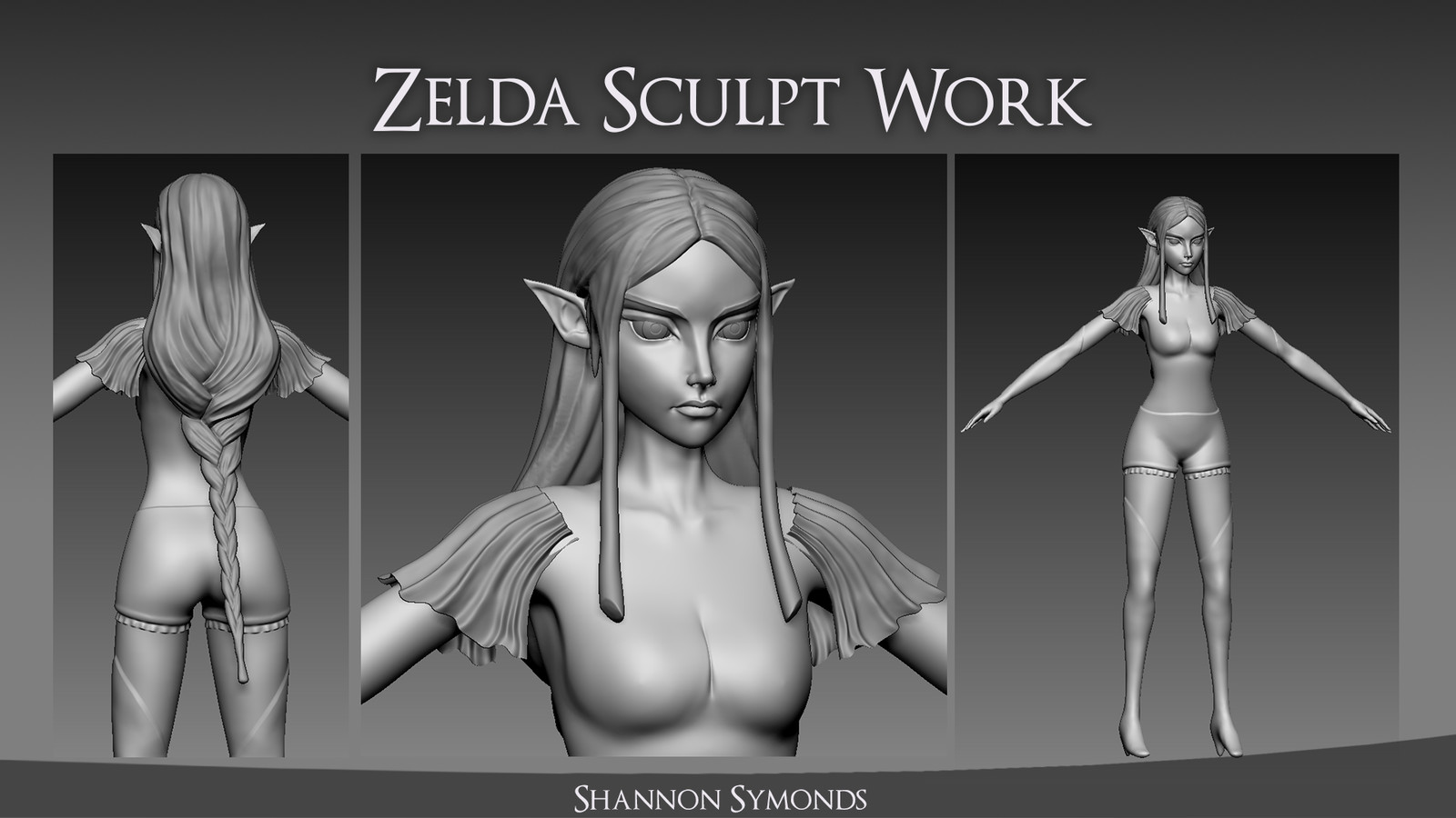 Sculpt work created in ZBrush. The body (including shorts, gloves and leggings), hair, eyes and shoulder frills were sculpted for use as a base, in the normal and to generate a AO map that could be used as part of the diffuse texture creation.