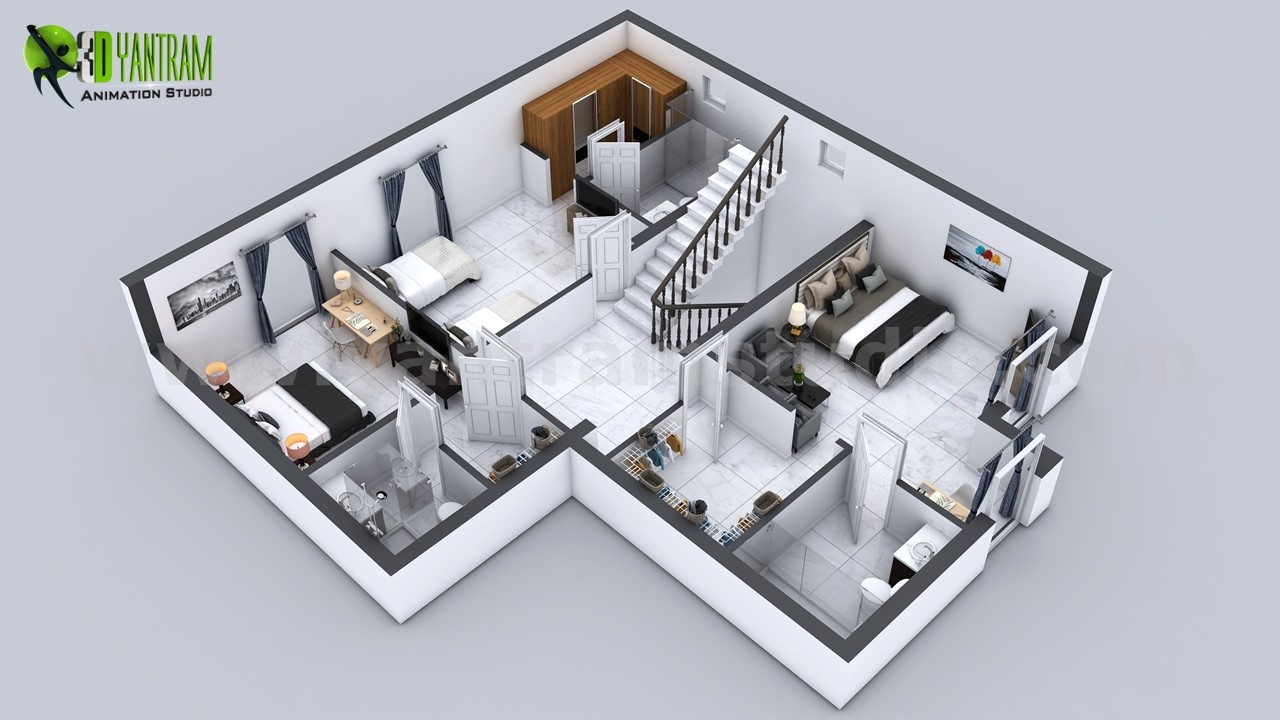 ArtStation 3D  Floor Plan  of 3 Story  House  with Cut 