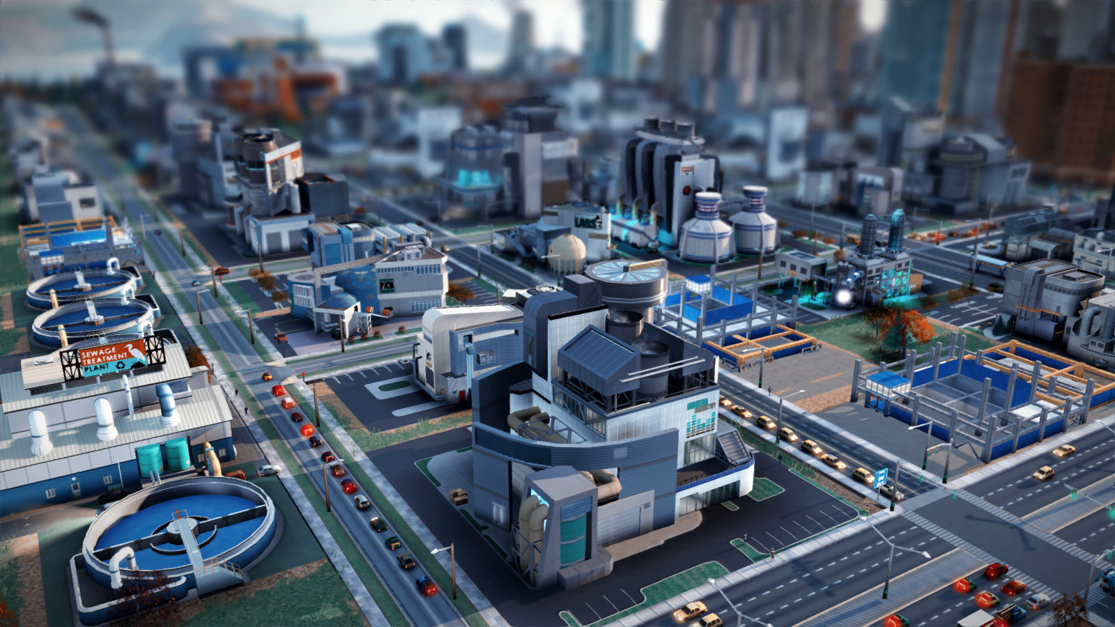 In- game screenshot of a low/ mid- density, high- wealth, industrial buildings
