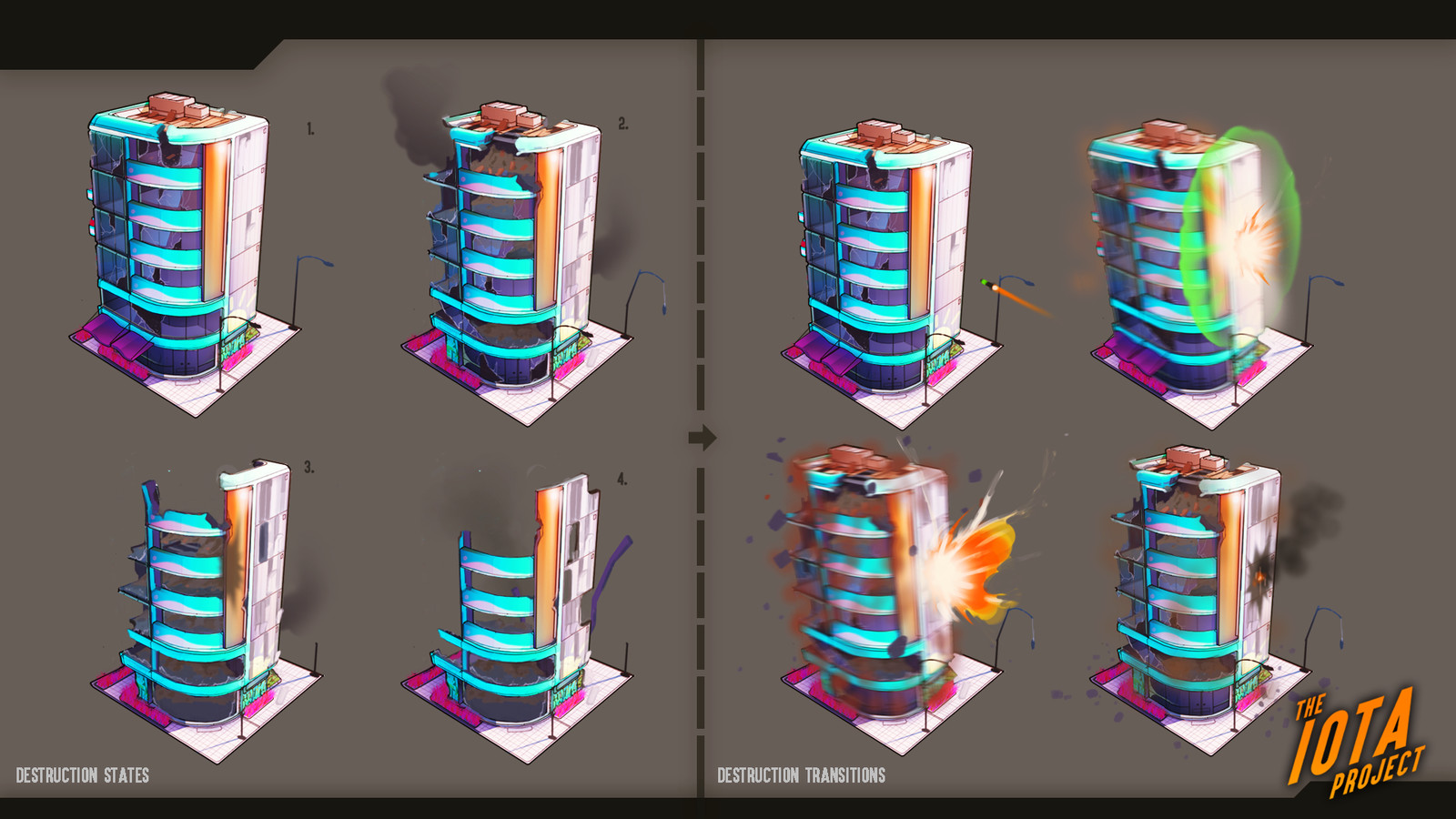 Each structure would have its own unique destruction states as well as transition between each state. 