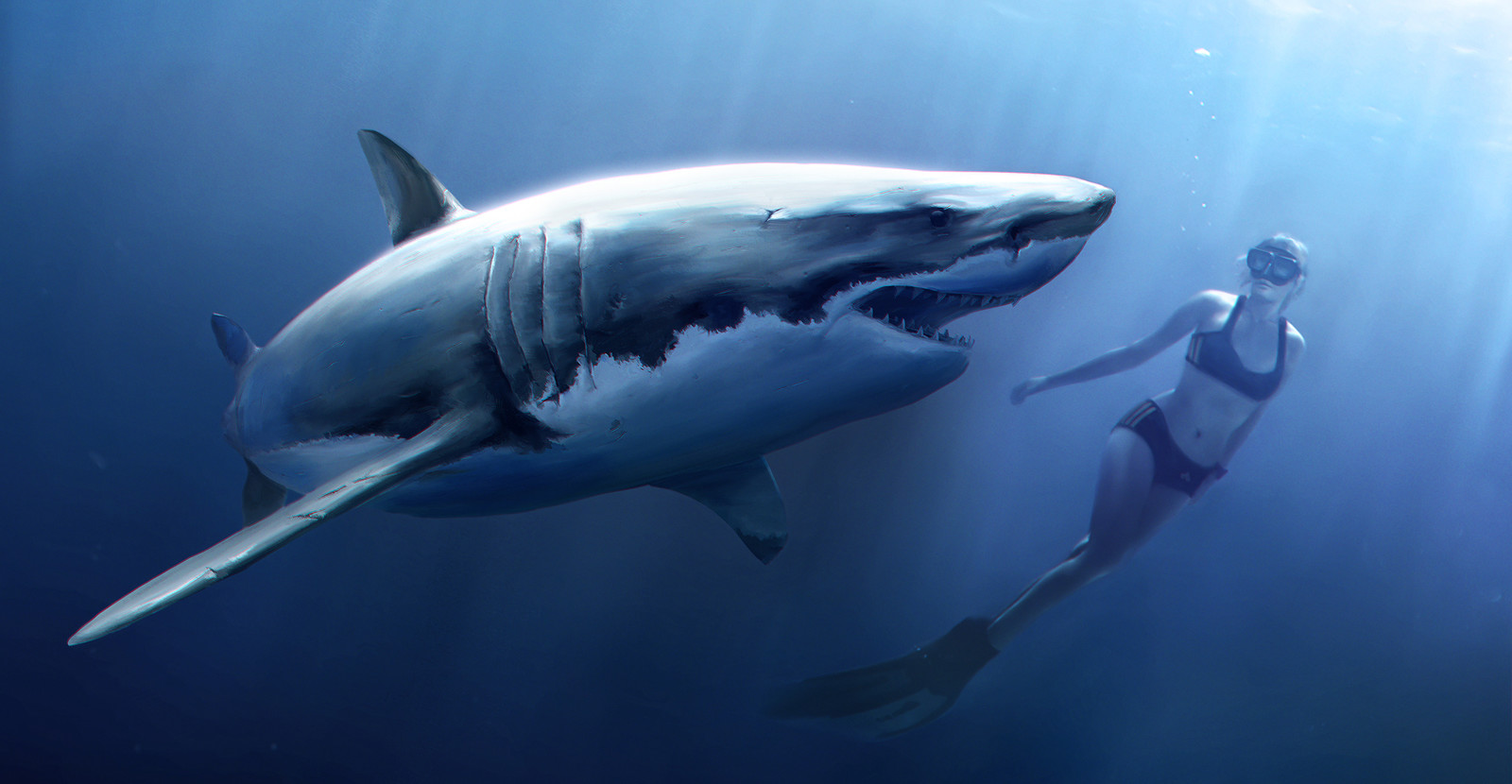 White Shark with Apnoe Diver