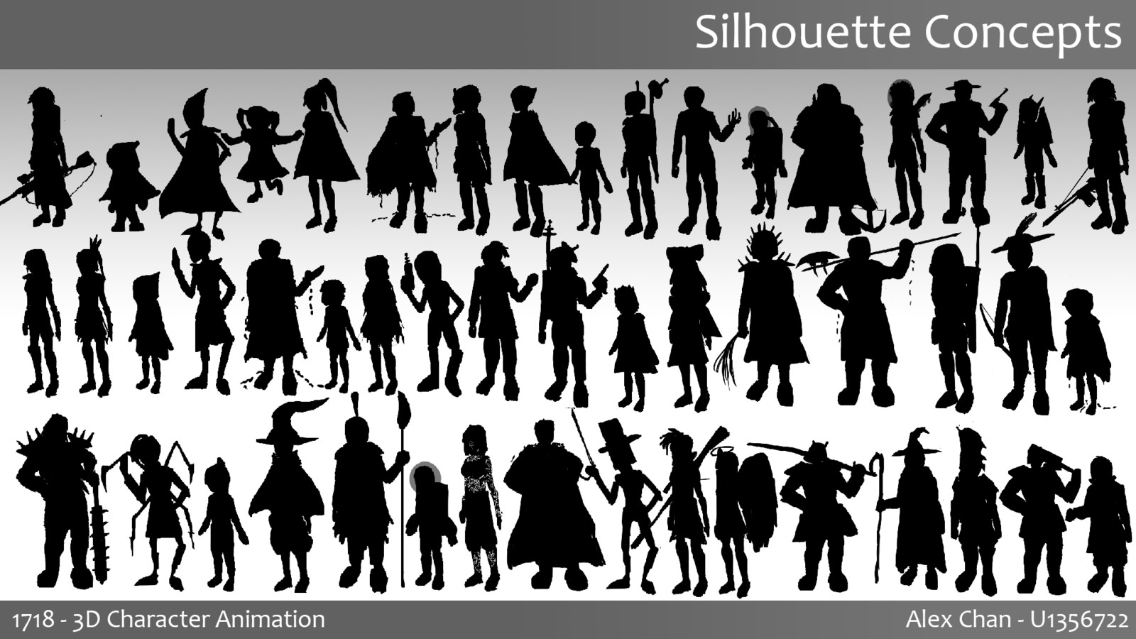 Initial silhoutte concepts. The one I ended up developing - 7th from the end, bottom row - was only added as an offhand, last minute addition.
