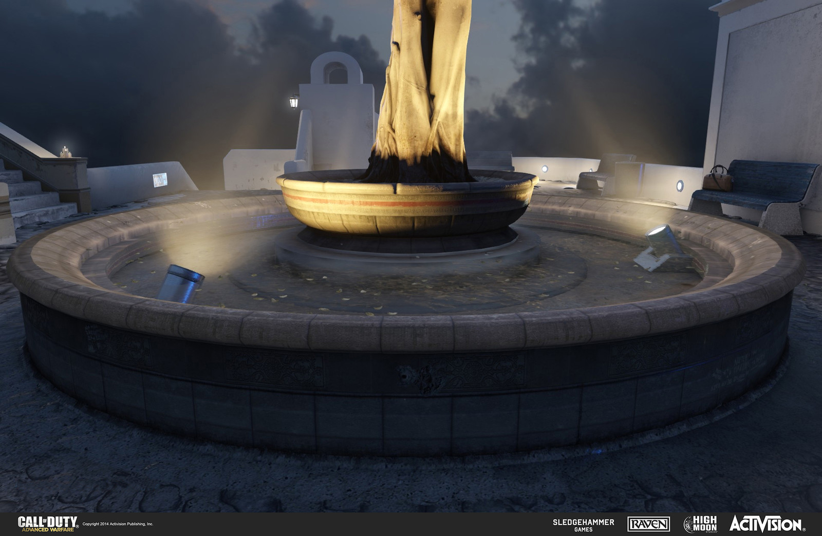 Geo work for fountain and light canisters in the multiplayer map Terrace. The fountain was created in the game engine and the light canisters in 3DSMax.