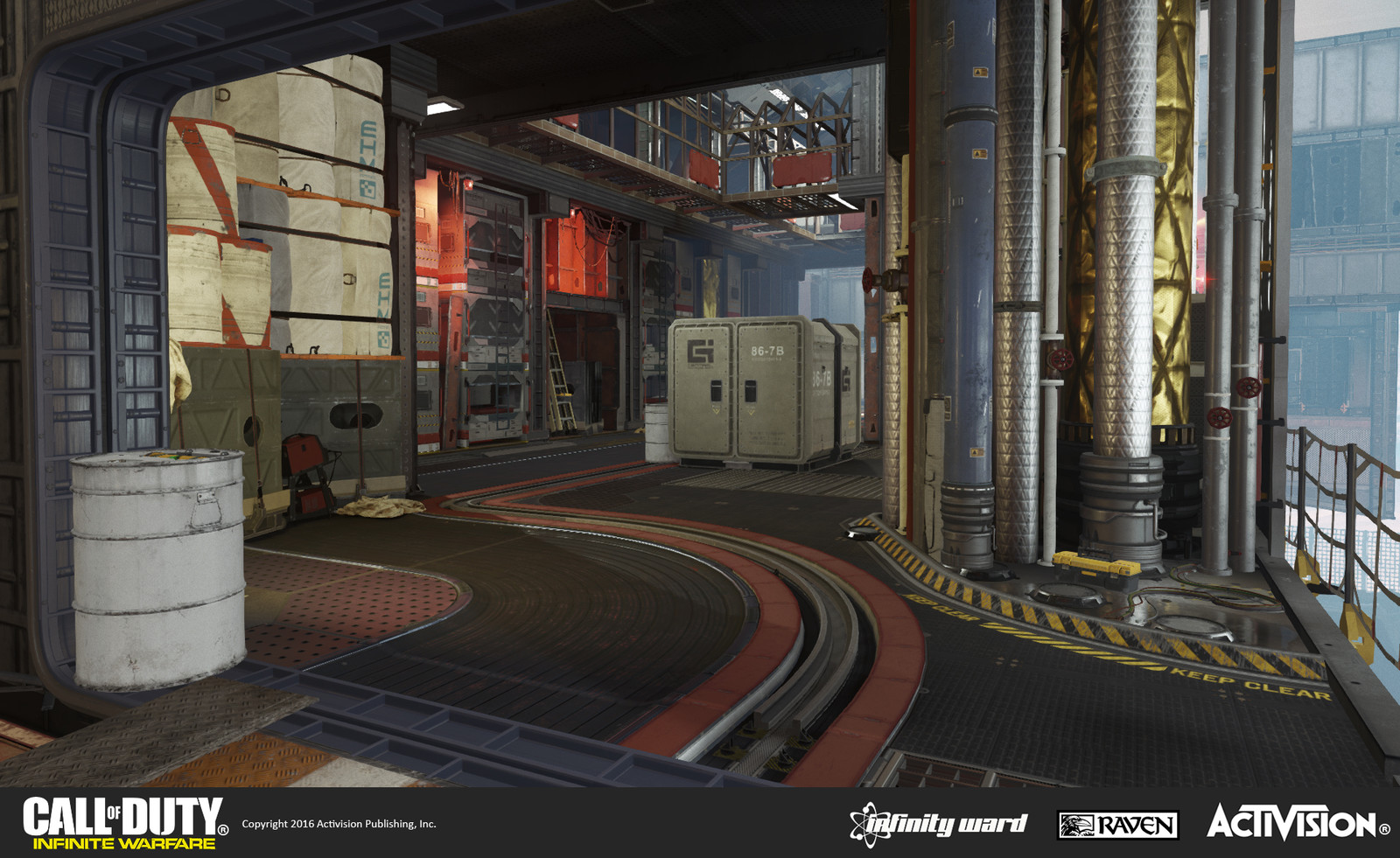Skydock multiplayer map: Interior section of the SDF ship. Geo construction, set dress, and material treatment.