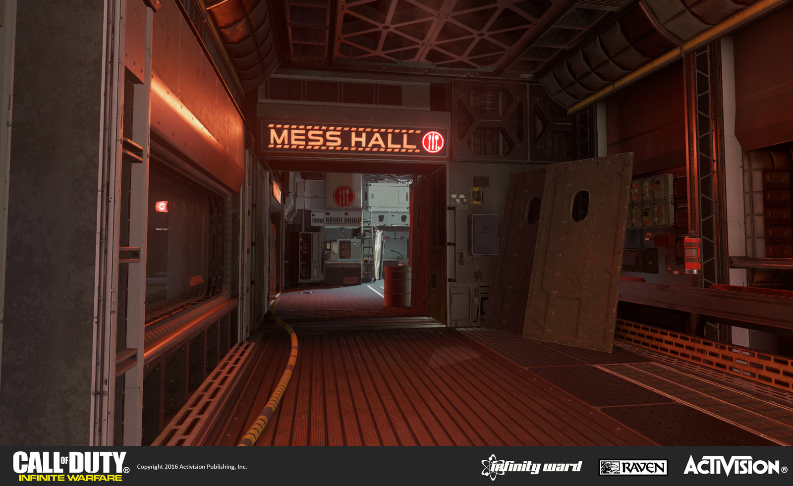 Skydock multiplayer map: Interior section of the SDF ship. Signage, geo construction, set dress, and material treatment. Also re-use and modification of the mess hall geo from Single Player (on the other side of the window).