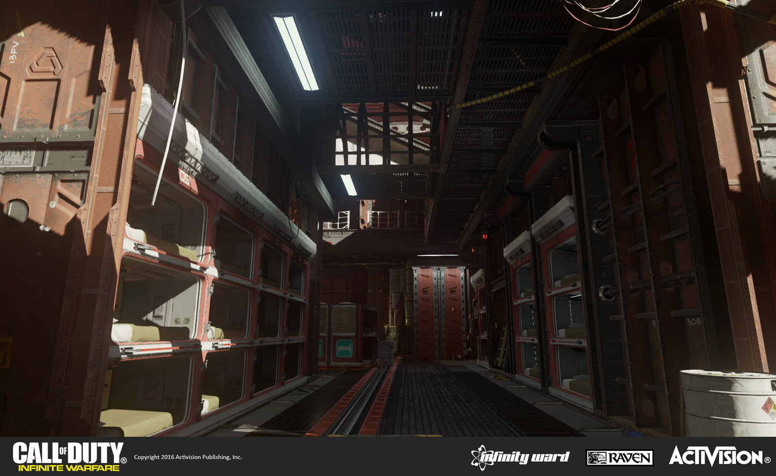 Skydock multiplayer map: Interior of the SDF ship with berthing compartments. Responsible for geo construction, material treatment, and set dress. Berthing compartment modules re-used from single-player.