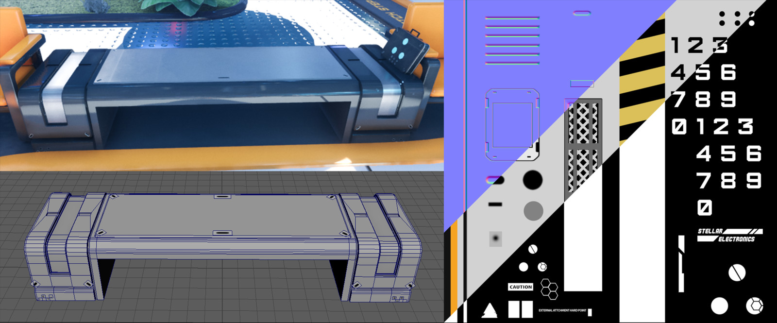 Most assets were created by beveling edges for highlight pickup, material IDs for different derived from the master, and using a trim sheet to stamp greebles.