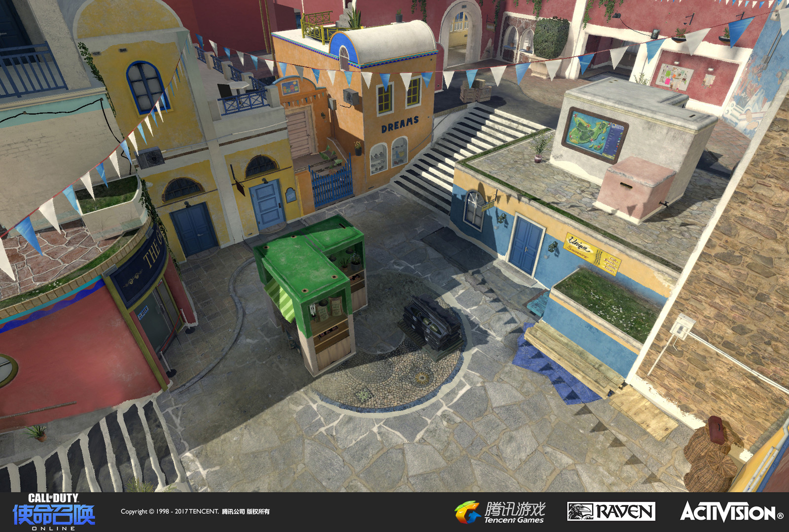 I worked on terrain geo, creating material treatments, and building some of the storefronts (the Blue/yellow striped facade on the lower level). The mosaic in the center was imported from Advanced Warfare's mp map Terrace.