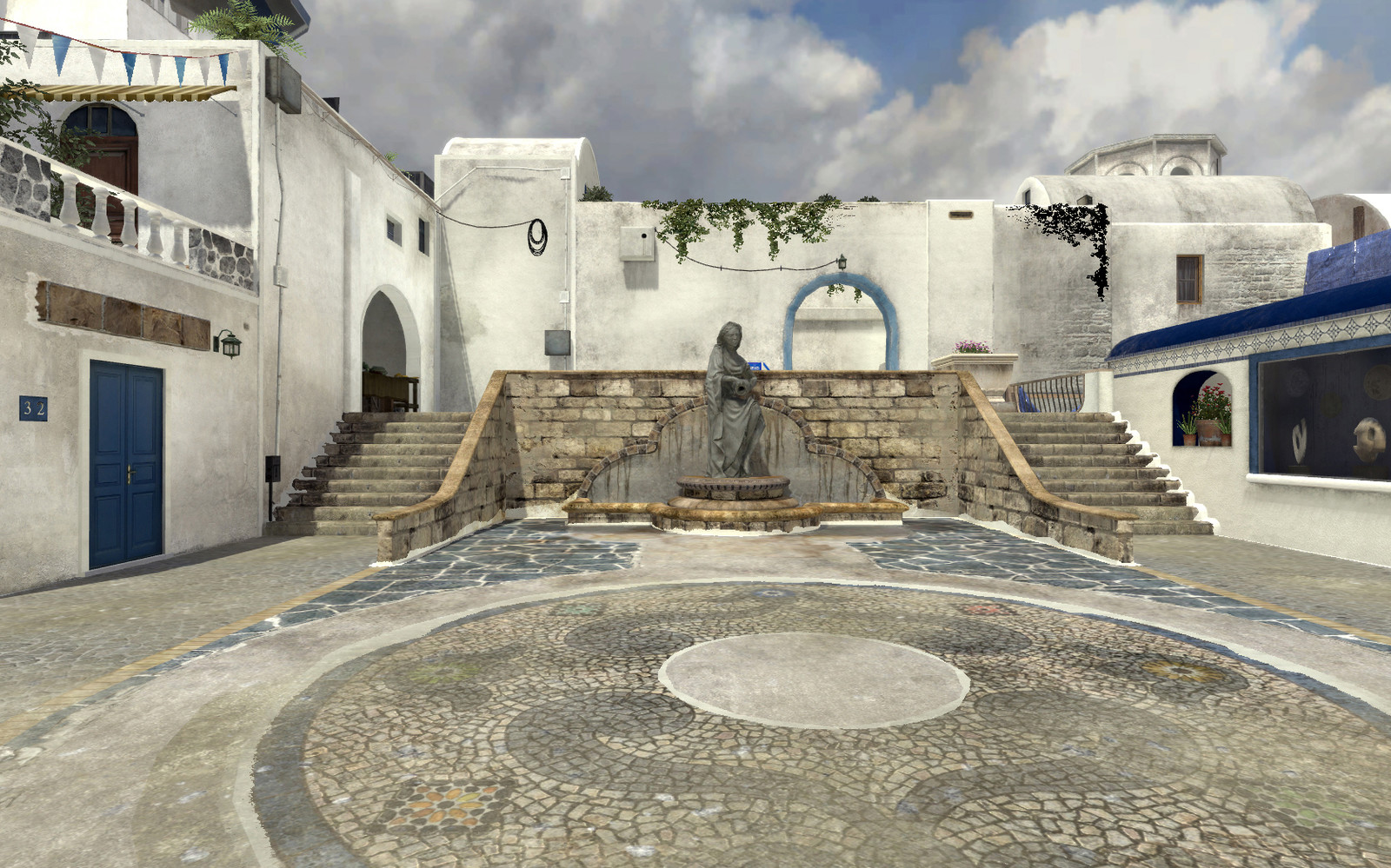 I worked on geo and material development of this large courtyard minus the stone mosiac (ported from Advanced Warfare's Terrace map) and statue model. 
