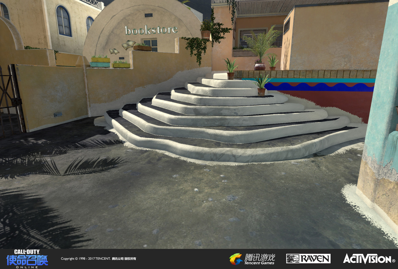 Plaster stairs based on the aesthetics of stairways found in Santorini, Greece. Created in the game engine and utilizing plaster treatment that I created. The building facades in the background were created by Raquel Garcia.