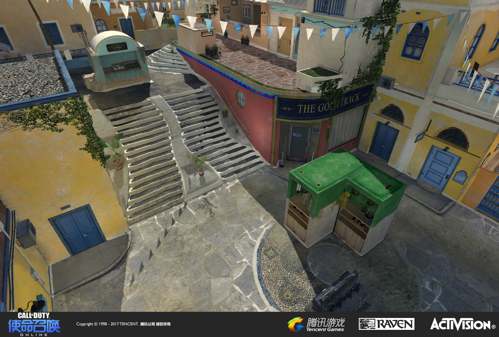 I worked on the courtyard terrain  (upper and lower) with geo and material creation. I also created the "Gold Track" storefront. Other storefronts in this view were created by Raquel Garcia.