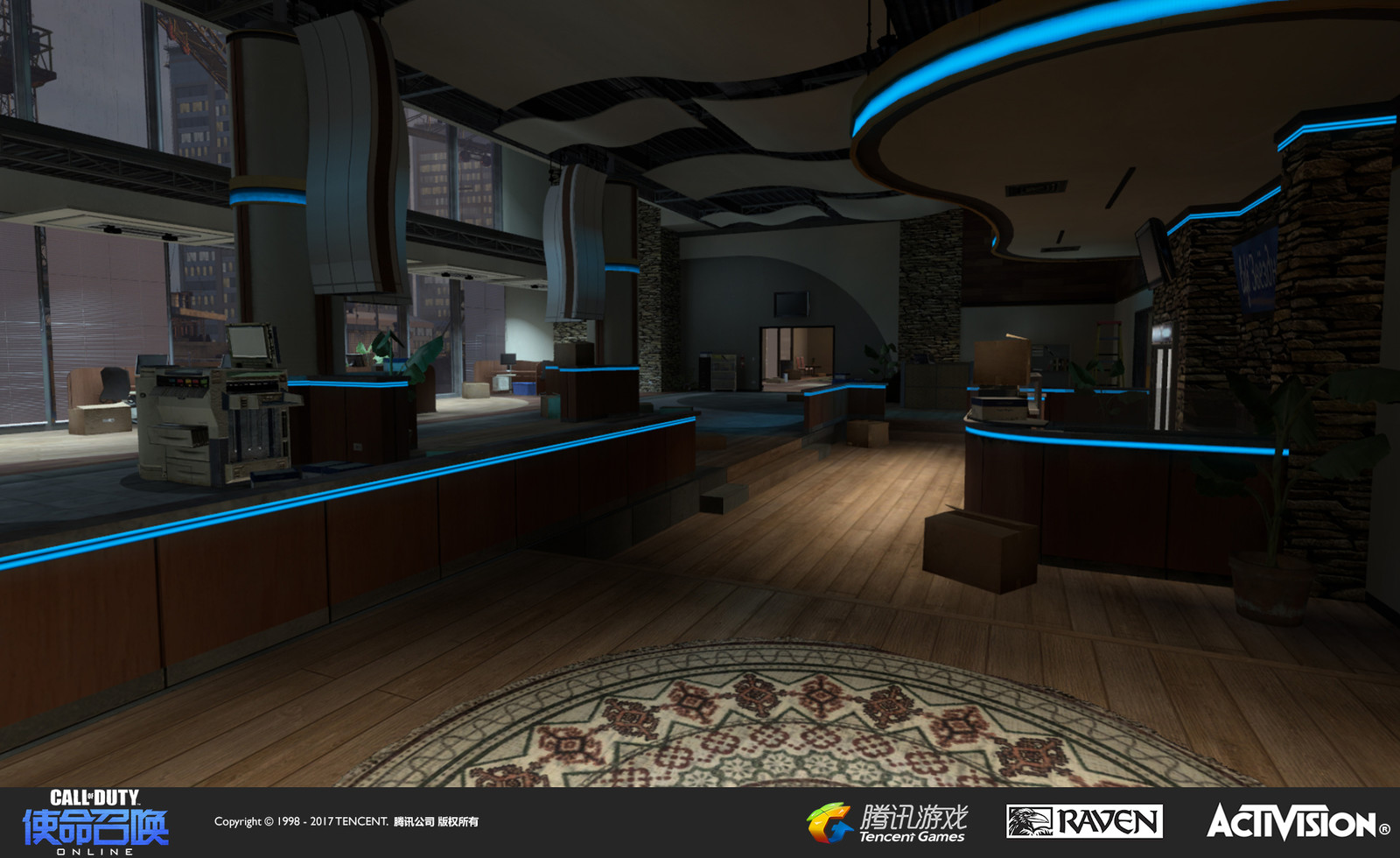 Interior of re-created building cafe. I was responsible for re-theming, models, set dress, textures, and geo modification.