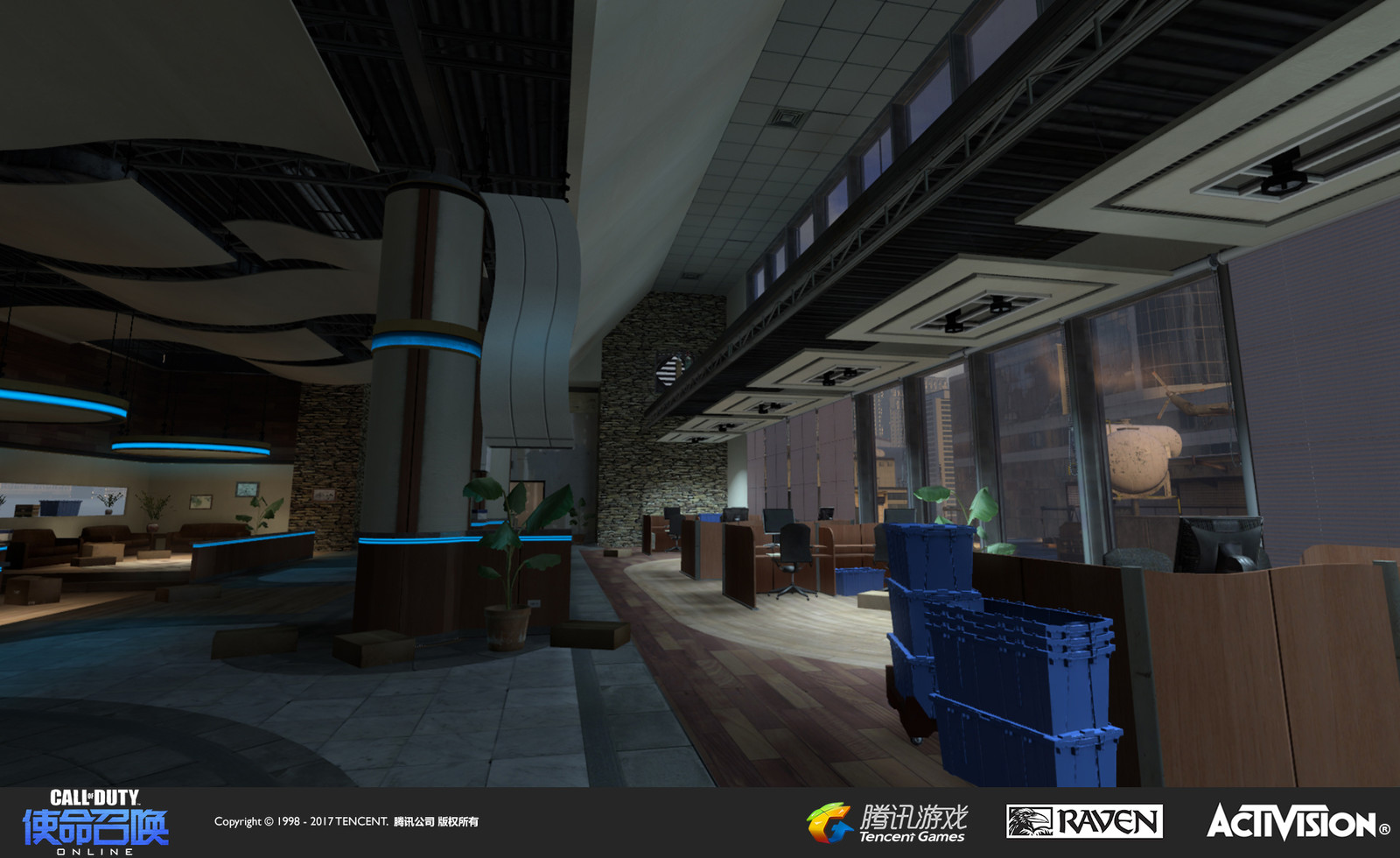Interior of re-created building cafe. I was responsible for re-theming,  models (the blue plastic moving totes seen here), textures, and geo modification.