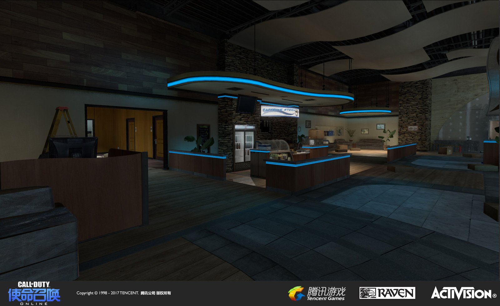 The main interior space where most of the combat takes place. I designed the re-themed look, created the new coffee shop branding and signage, added ceiling decorative models, reworked the geo, and added illuminated strips. 