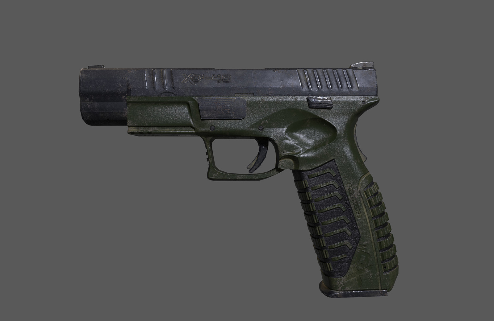 Side profile of low-poly. Created in 3DS Max, boolean assist on handgrips with Z-Brush, and texturing in Substance Painter.