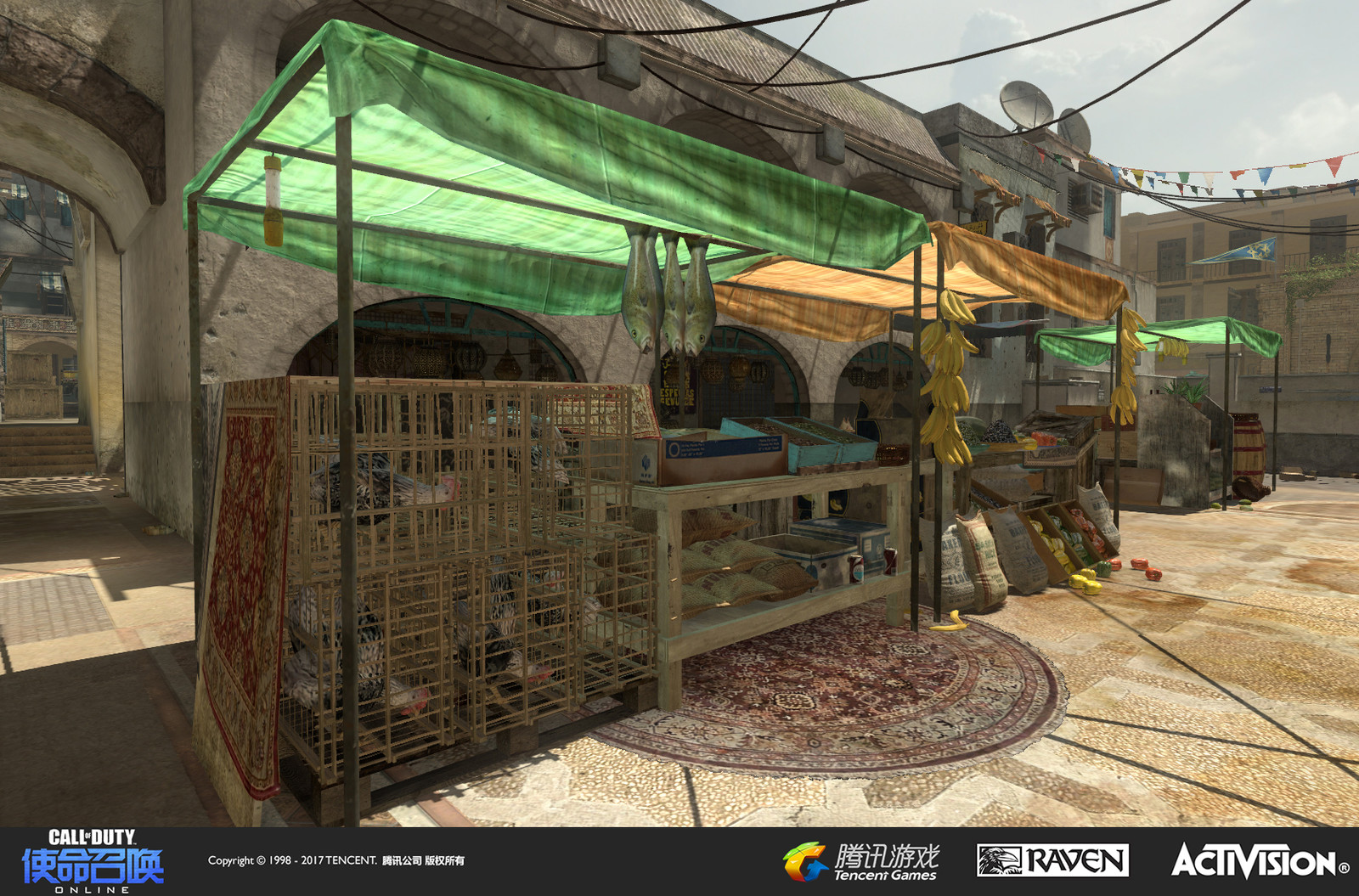 Seatown: A re-imagined multiplayer map originally appearing in Modern Warfare 3. I created the set dress and terrain here. One of our Shanghai artists created the cloth tops for the market stalls.