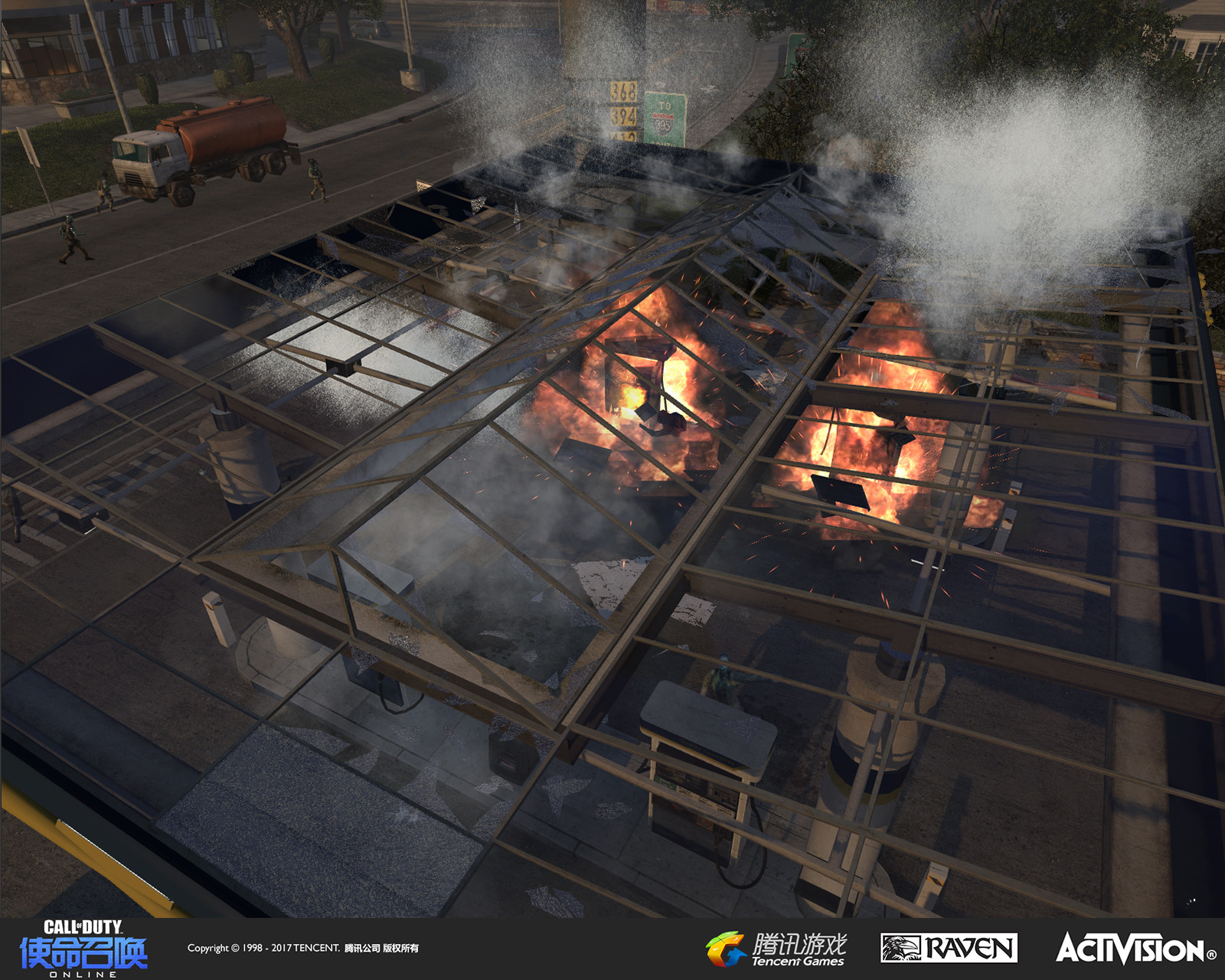Gas station being destroyed from the player's vantage point in Chopper Gunship mode. I modified the old geo, rethemed it, and the effects were created by our designer and the effects team. 