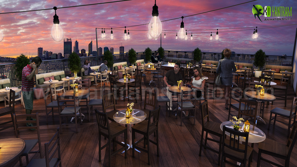 Artstation Rooftop Layout Lounge 3d Rendering Evening View By